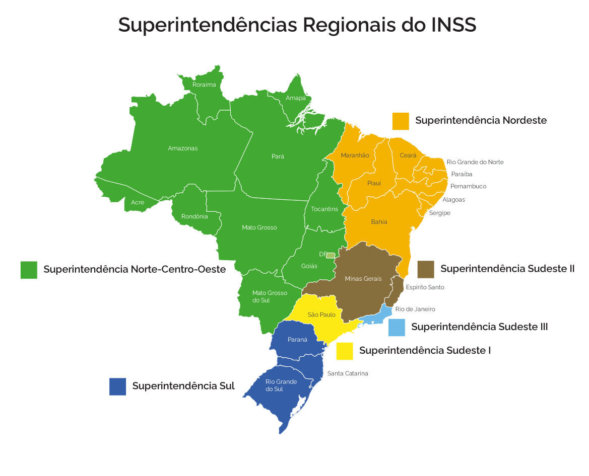Mapa do Brasil dividido em seis regiões em cores diferentes, de acordo com as superintendências do INSS.