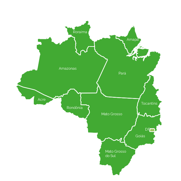 Mapa na cor verde: regiões norte e centro-oeste com divisão dos seus respecctivos estados.