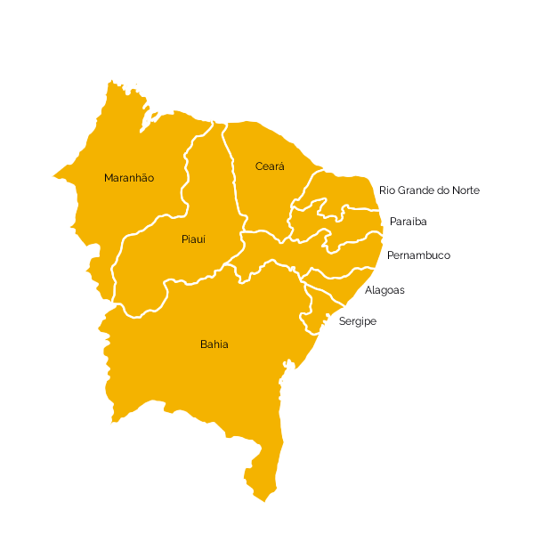 Mapa na cor amarela: região nordeste com os nomes dos seus estados.