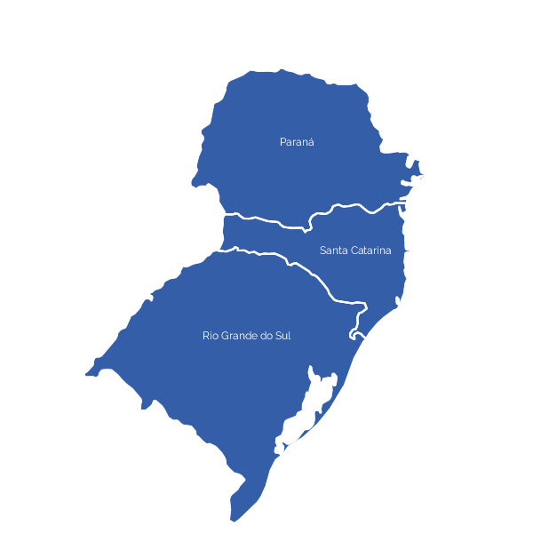 Mapa na cor azul escuro: estados Santa Catarina, Paraná e Rio Grande do Sul.