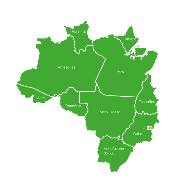 Em fundo verde, mapa da superintendência regional norte-centro-oeste, com os estados das regiões norte e Centro-oeste. Ao passar o ouse, cor esmaecida.