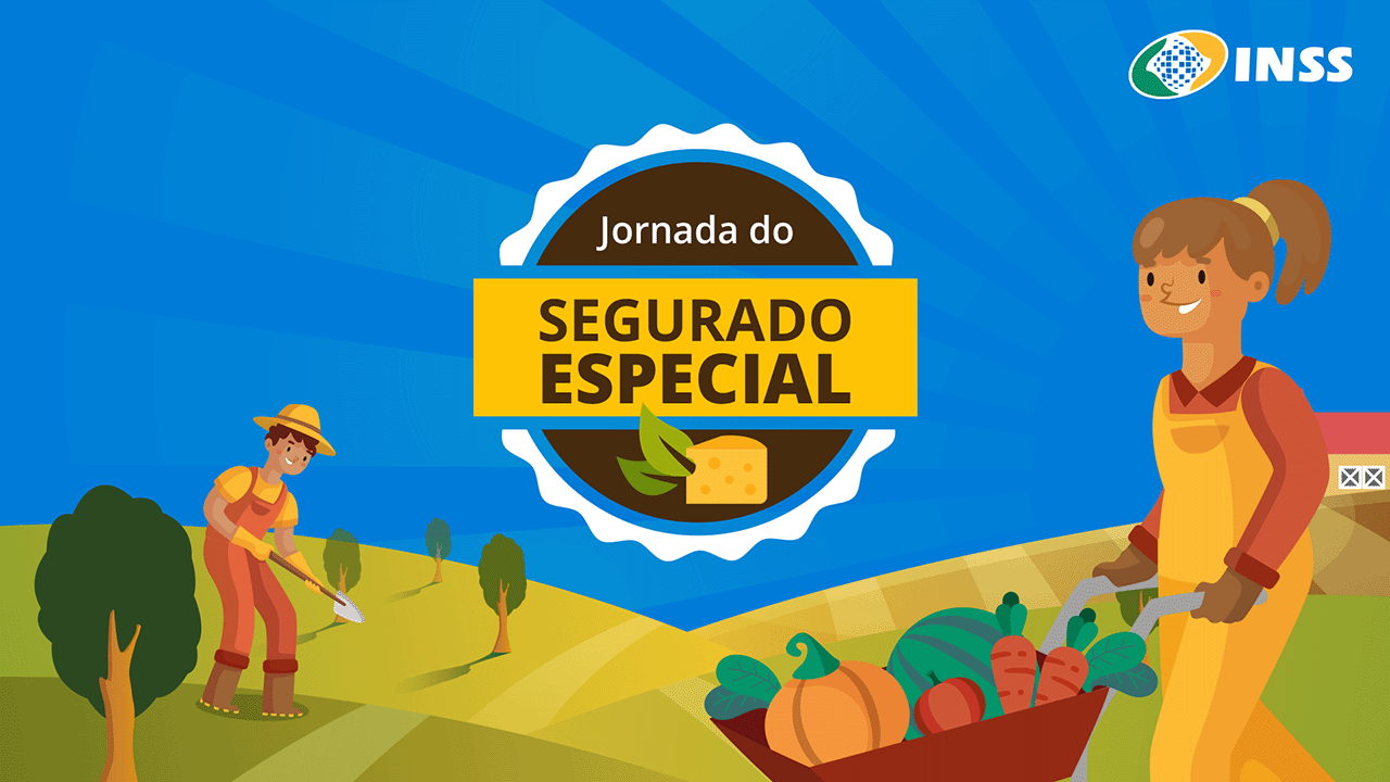 Desenho colorido. Céu azul. Numa área verde, um homem trabalha na terra, próximo a postes de energia eólica, de três árvores e de um catavento de hélices na cor laranja, em frente a uma casinha vermelha de teto beje, cercada por uma porteira vasada na cor branca. Na frente da casa, uma área marrom com três trilhas de plantações onde um há um trator amarelho com grade de aragem e uma menina de macacão amarelo, com um carrinho de mão lotado de hortaliças e frutas. Na parte intferior, no formato redondo de um selo premium, o título Jornada do Segurado Especial. Ao lado, três blocos de informações: No primeiro:  Módulo I - 16 a 20-10 - Atividades do AVA + Papo Rural Regições do Brasil; no segundo: Módulo II de 23/10 a 06/11, aulas ao vivo das 9 horas às 11 hora ou das 14 horas às 16 horas; e no terceiro: Módulo III, de 07 a 13\11, atividades no AVa + Estudos de caso ao vivo. No canto inferior à direita, logomarca do inss.