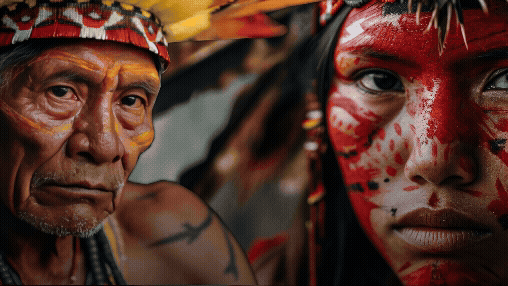 Descrição do banner do Curso. Em movimento das laterais para o centro, rostos de duas pessoas indígenas, um idoso e uma jovem. Título se forma na parte inferior, á esquerda: CEAR Eletrônica — Certidão de Exercício de Atividade rural Indígena. Ao lado, logomascas do PEP e do INSS.