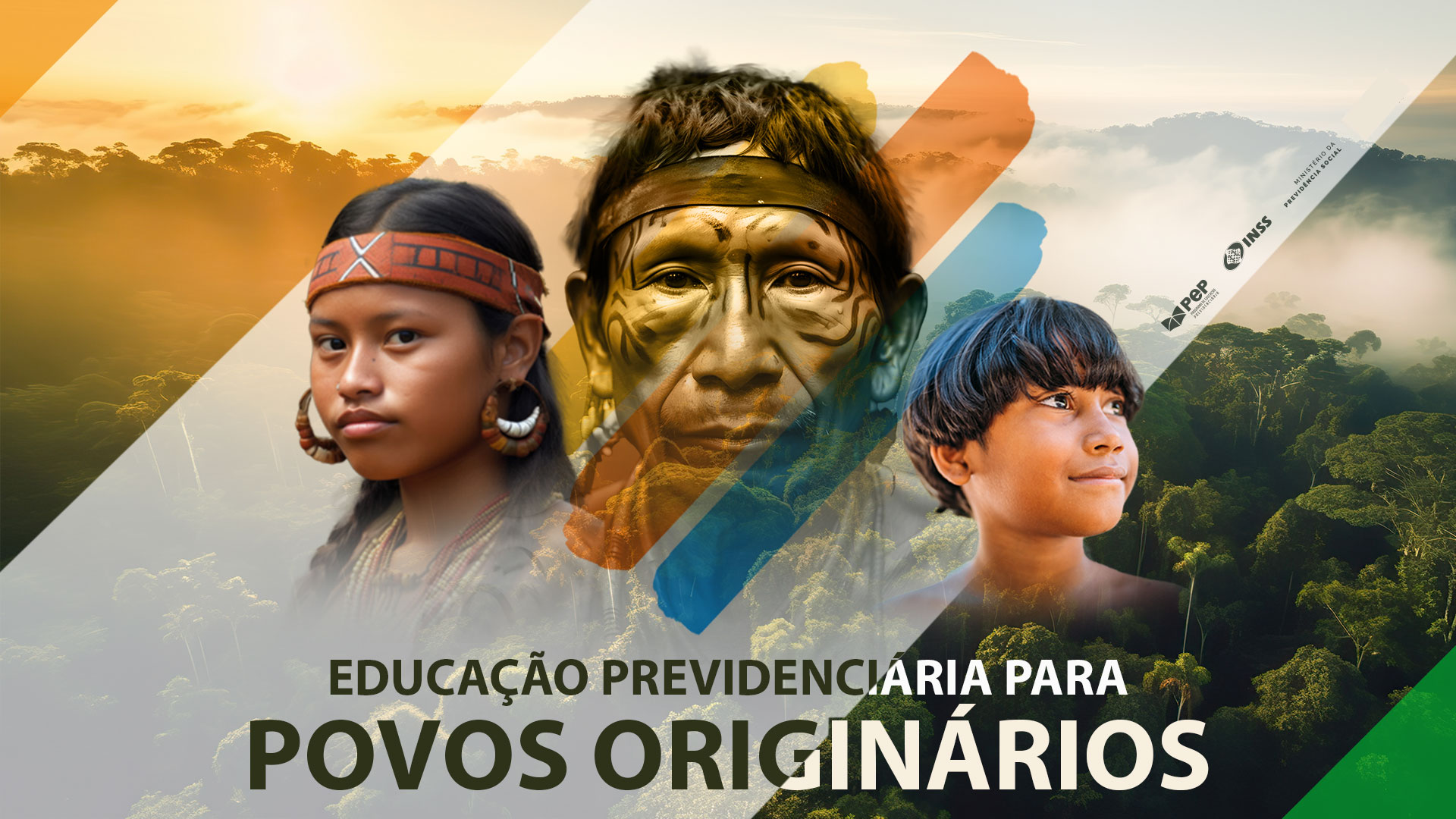 Título: Educação previdenciária para povos originários. Com a floresta ao fundo, indígenas: adolescente, idoso e criança.