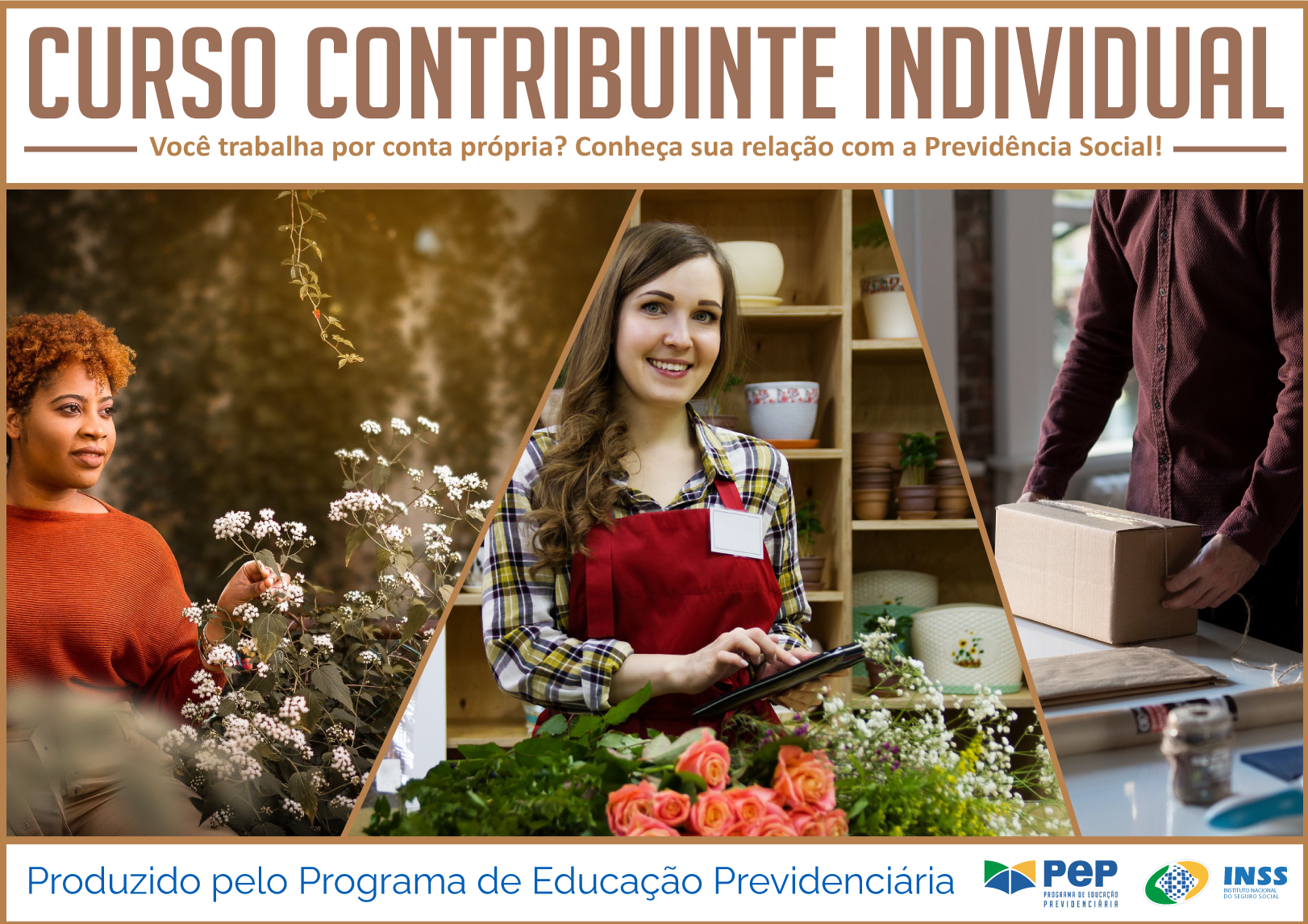 Descrição da capa do Curso. Dividida em três partes horizontais. Na primeira de fundo na cor branca, o título na cor azul: Curso Segurados da Previdência Social - Empregado - avulso - contribuinte individual - e muito mais. Na parte central, maior que as outras, três figuras emparelhadas na vertical: 1. Homem branco, com uniforme azul, óculos de proteção e maçarico na mão. 2. Mão entrega pêssego para outra mão sobre bancada de frutas. 3. Homem de bata azul, máscara e luvas de proteção na mesma cor olha boca de outra pessoa com pinça e broca na mão.